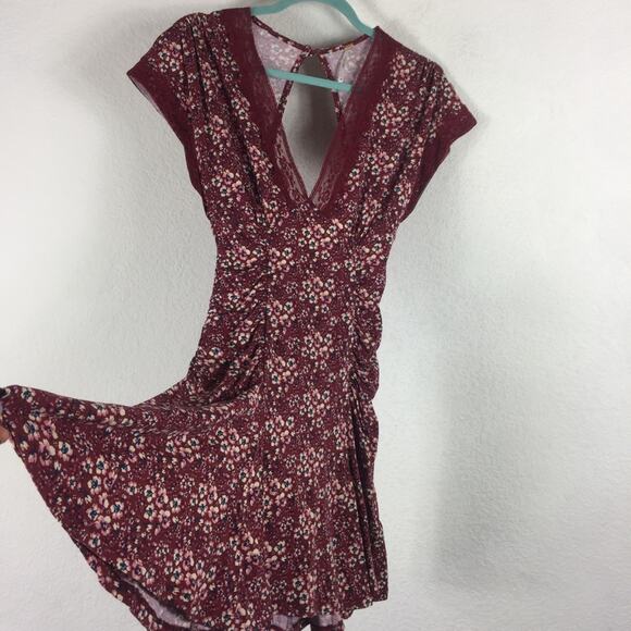 Free People Sweet Talker Lace Mini Dress Size XS Burgundy Floral 90s Grunge Boho - Picture 13 of 16